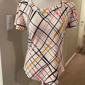 7th Avenue New York & Company S White Plaid Tie-Front Side Blouse Short Sleeve